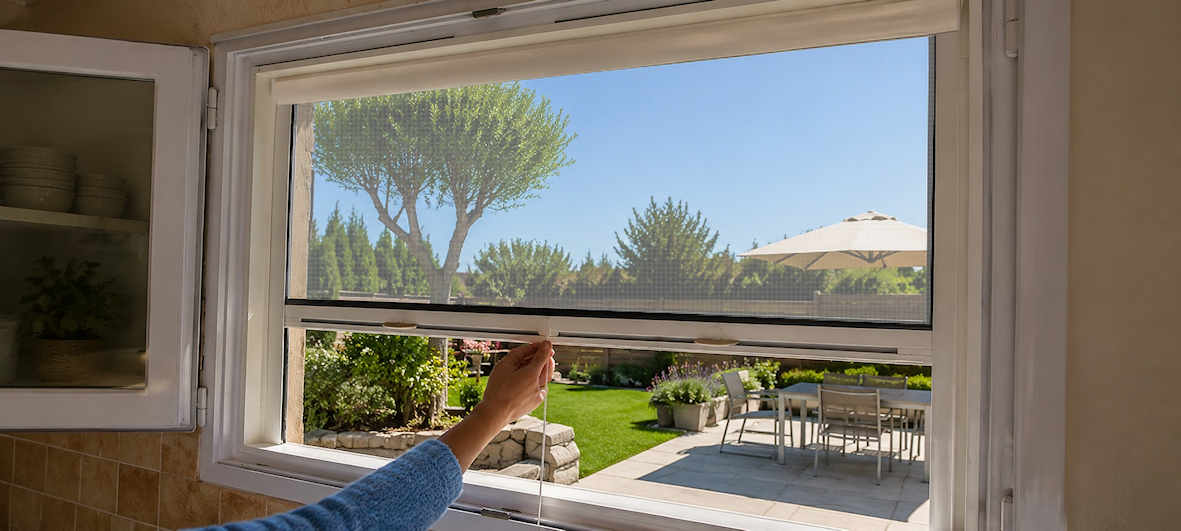 Moustiquaire enroulable sur mesure installée sur une fenêtre avec vue extérieure